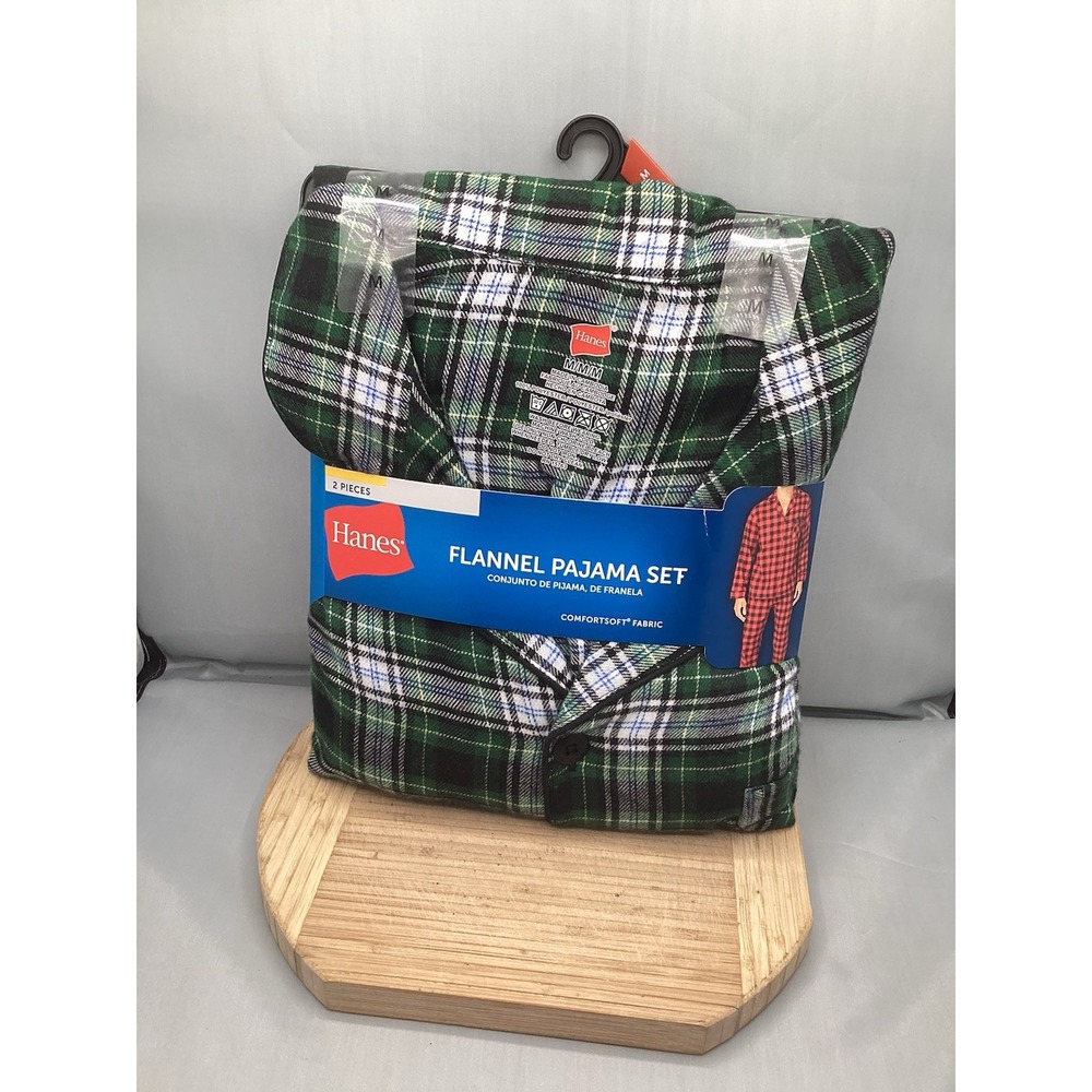 Hanes Mens Flannel Pajama Set Green Plaid 2 Piece Sleepwear Size Medium
